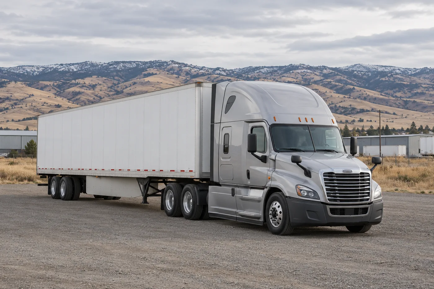 AI-generated silver American semi-truck with a white trailer at a Washington-inspired freight yard