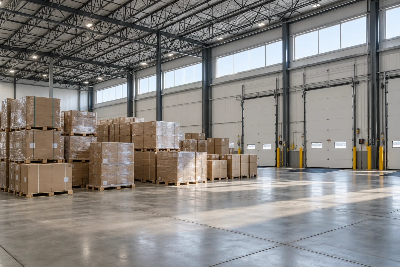 AI-generated warehouse staging space with palletized cartons and loading bays