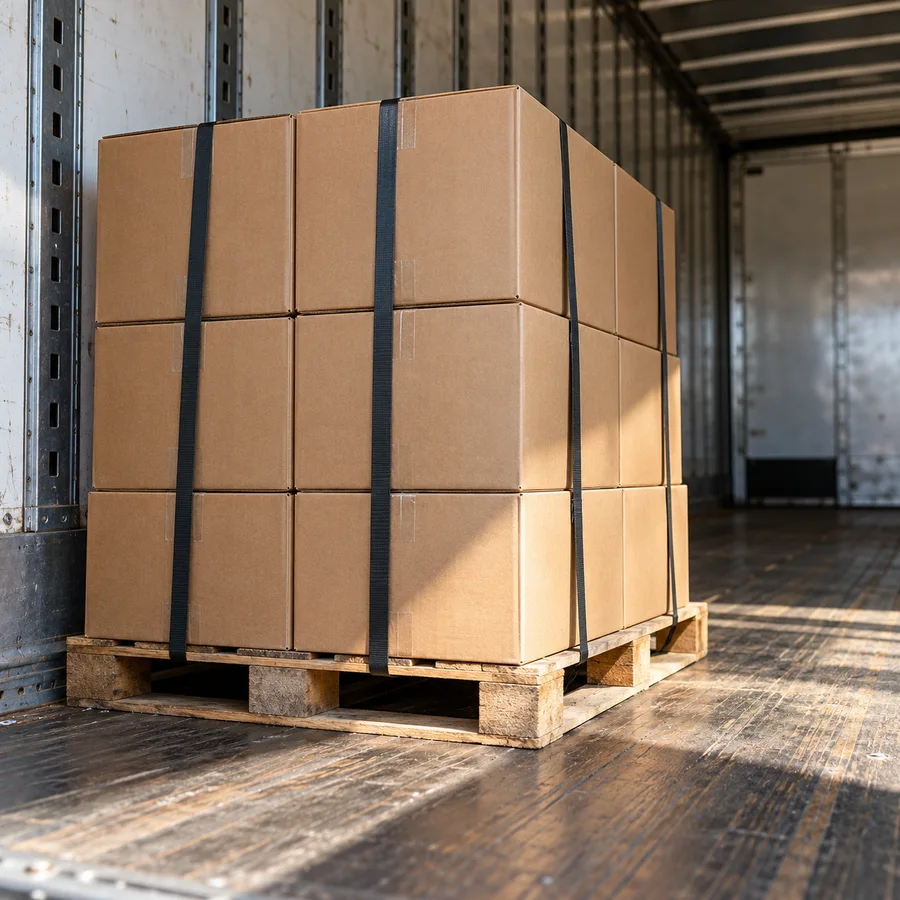 AI-generated strapped cartons on a wooden pallet inside a freight trailer